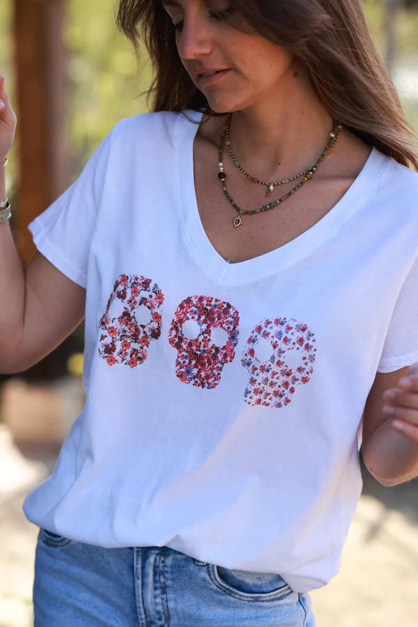 Red Floral Skulls V-Neck Tee