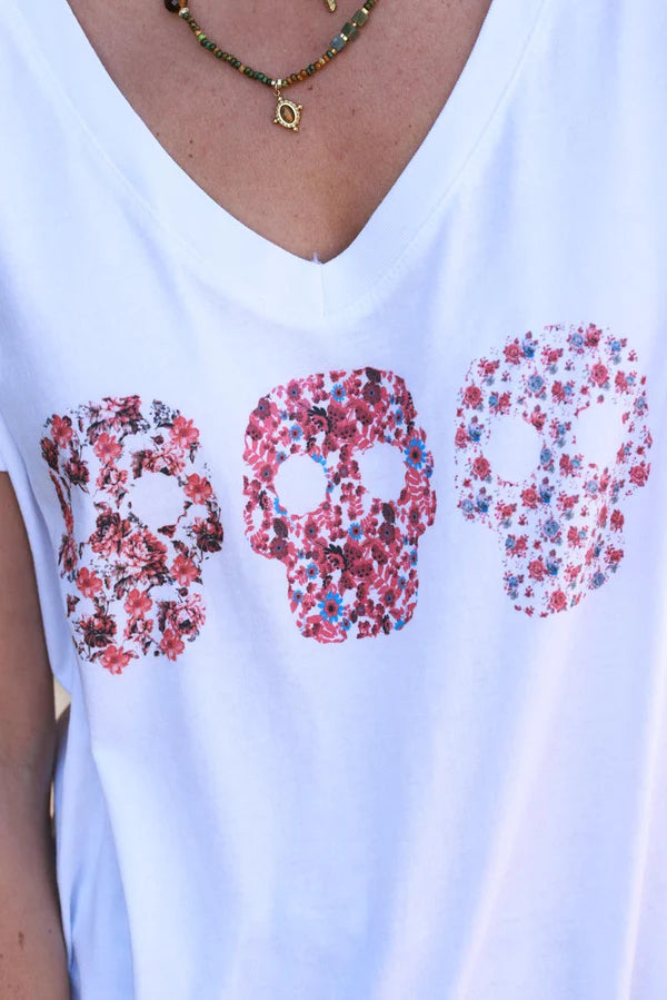 Red Floral Skulls V-Neck Tee