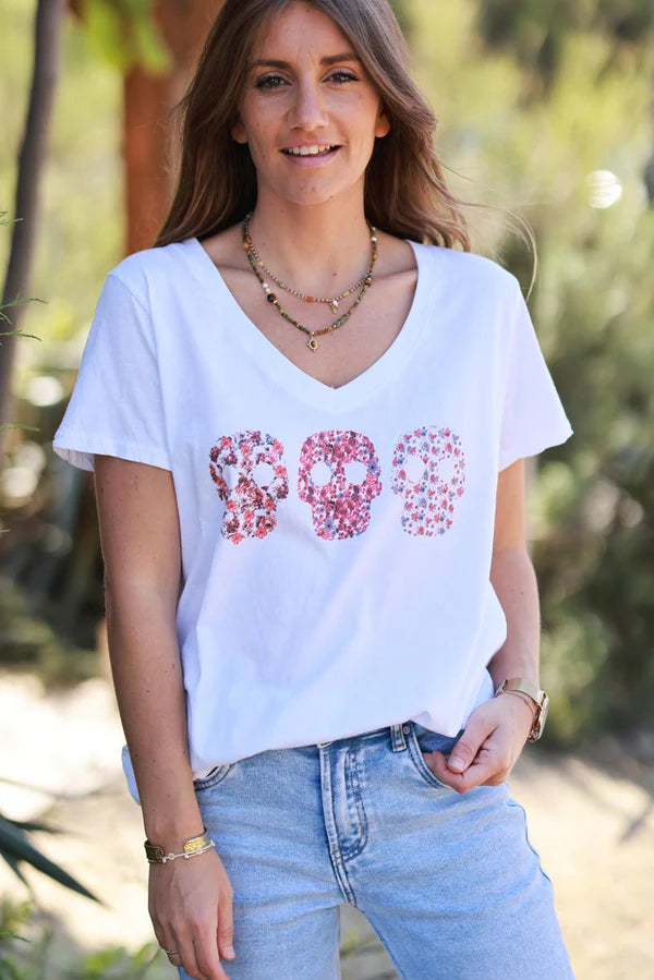 Red Floral Skulls V-Neck Tee