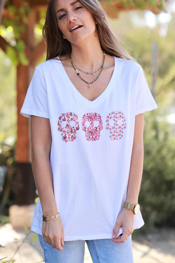 Red Floral Skulls V-Neck Tee