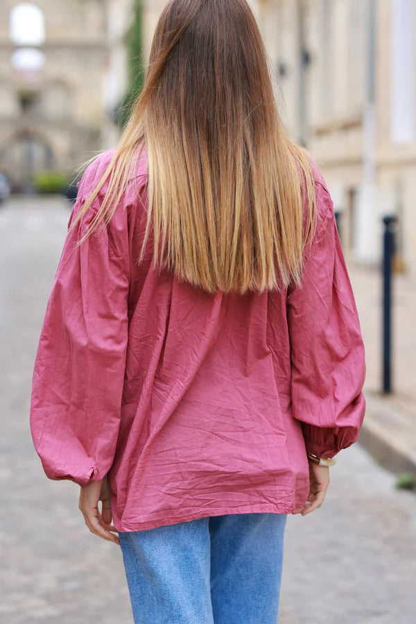 Red Wine Cotton Tunic Blouse with Frills