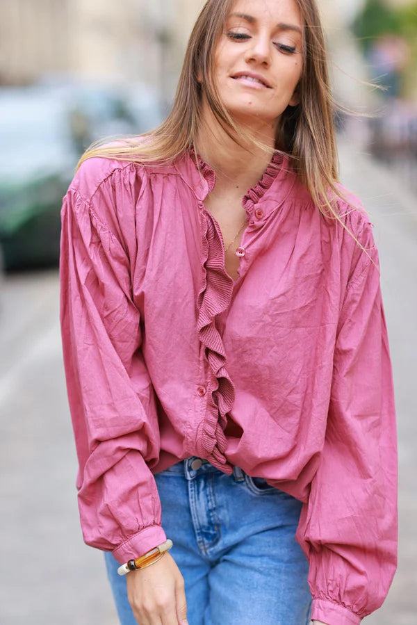 Red Wine Cotton Tunic Blouse with Frills