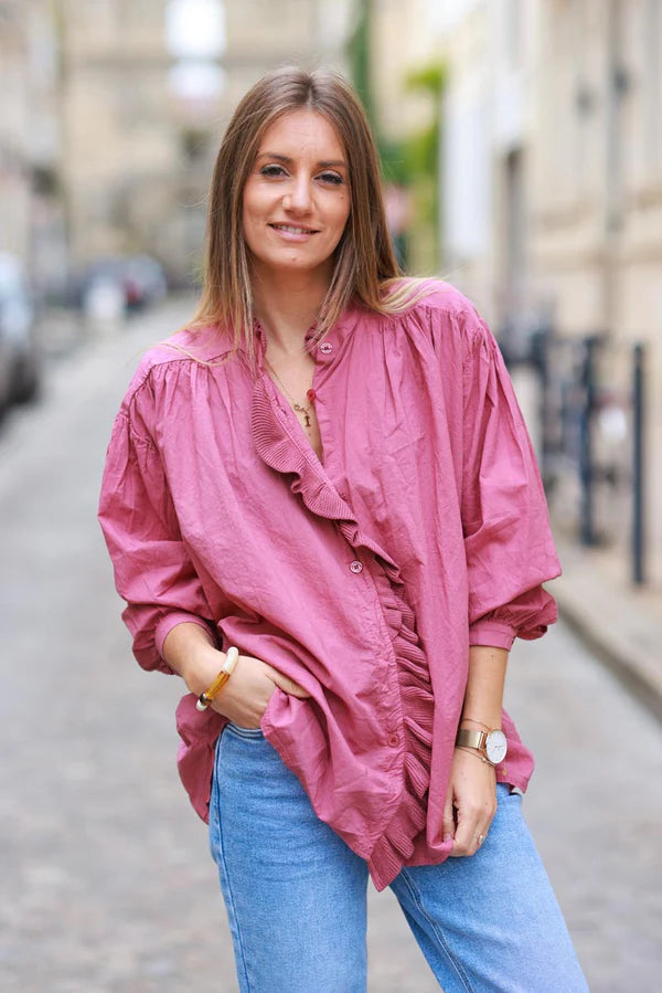 Red Wine Cotton Tunic Blouse with Frills