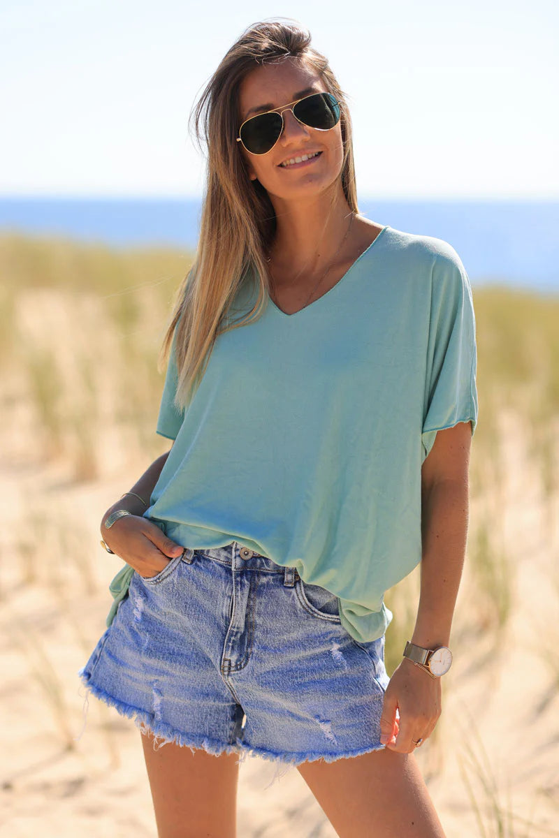 Relaxed fit celadon green v-neck top