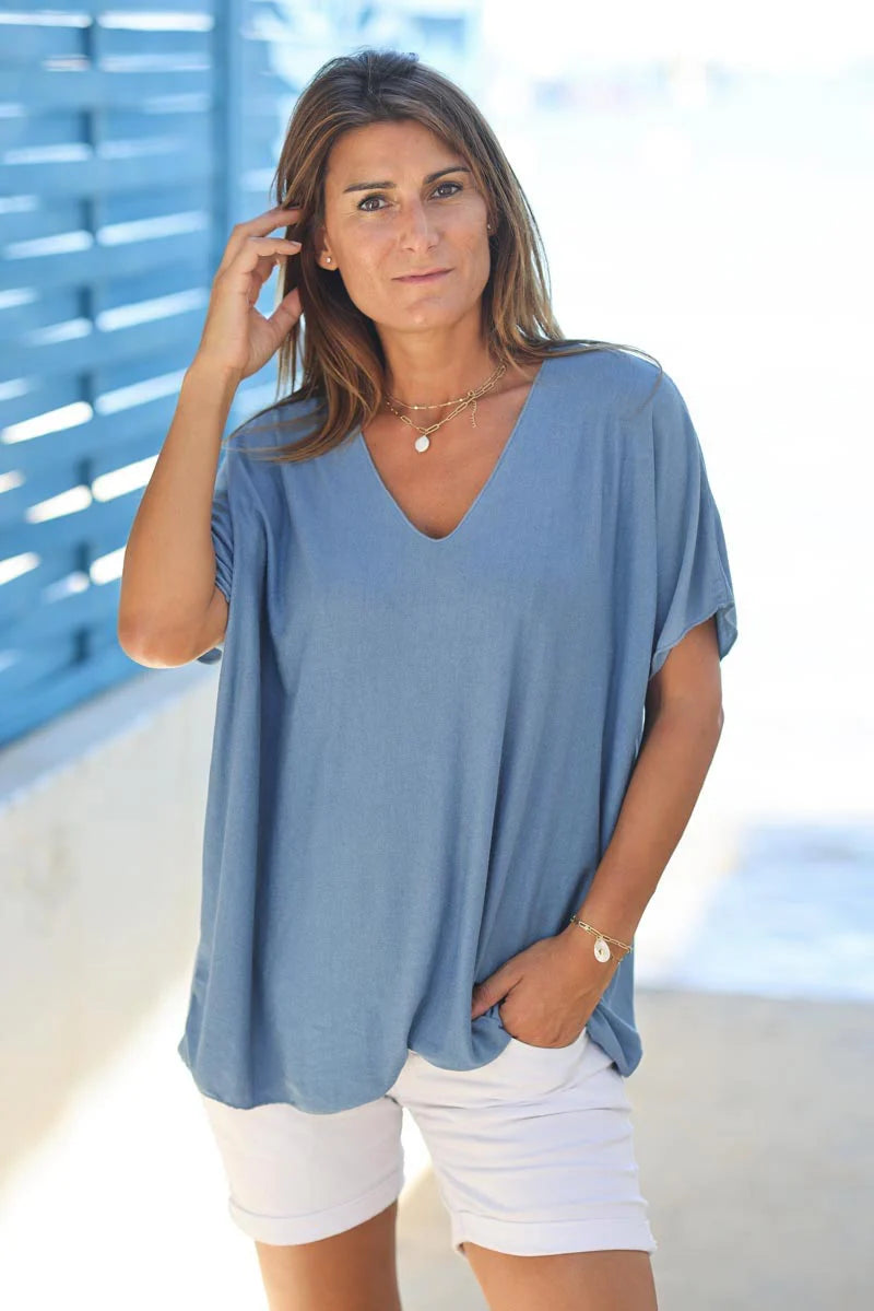 Relaxed fit dusty blue v-neck top