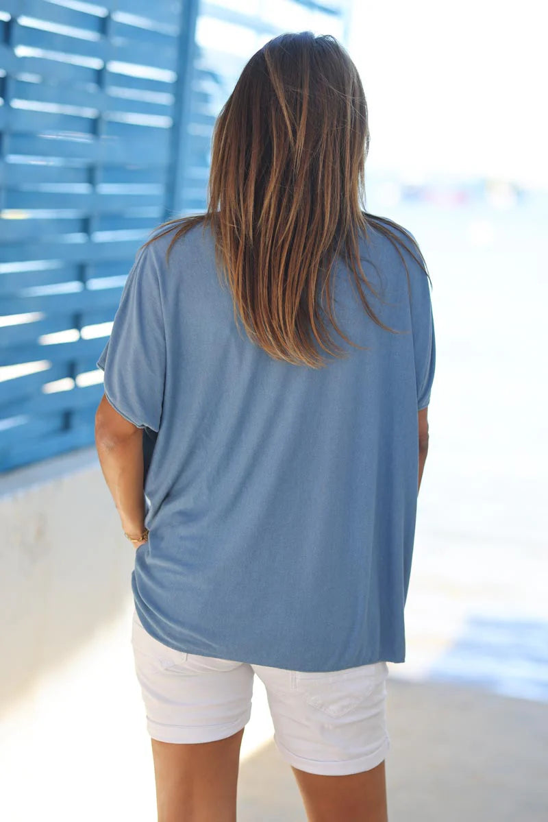 Relaxed fit dusty blue v-neck top