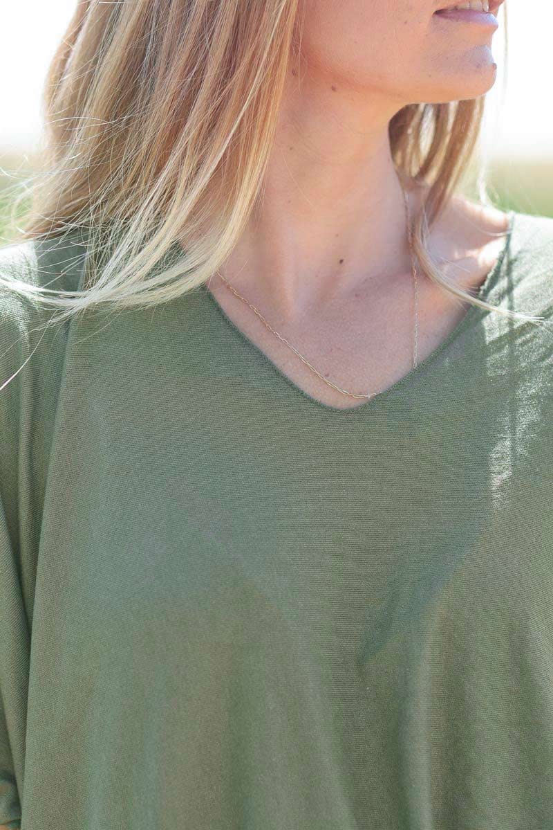 Relaxed Fit Olive V-neck Top