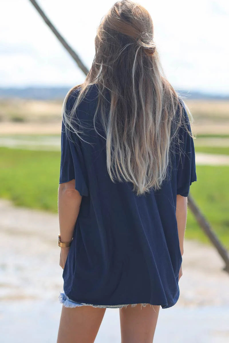 Relaxed fit navy blue v-neck top