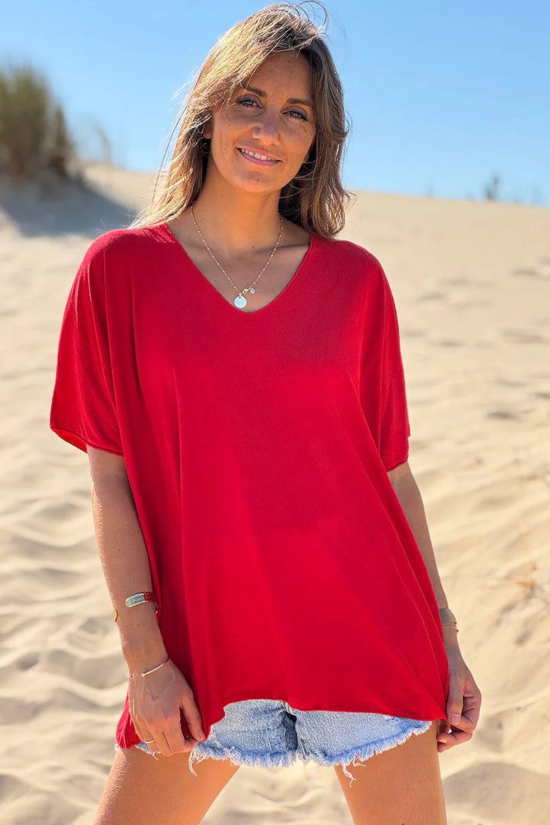 Relaxed fit Red V-neck Top