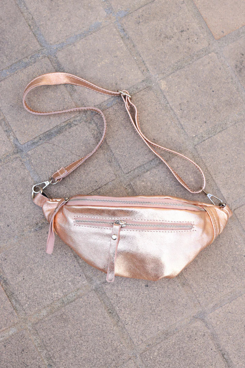 Rose gold metallic leather double zip bum bag