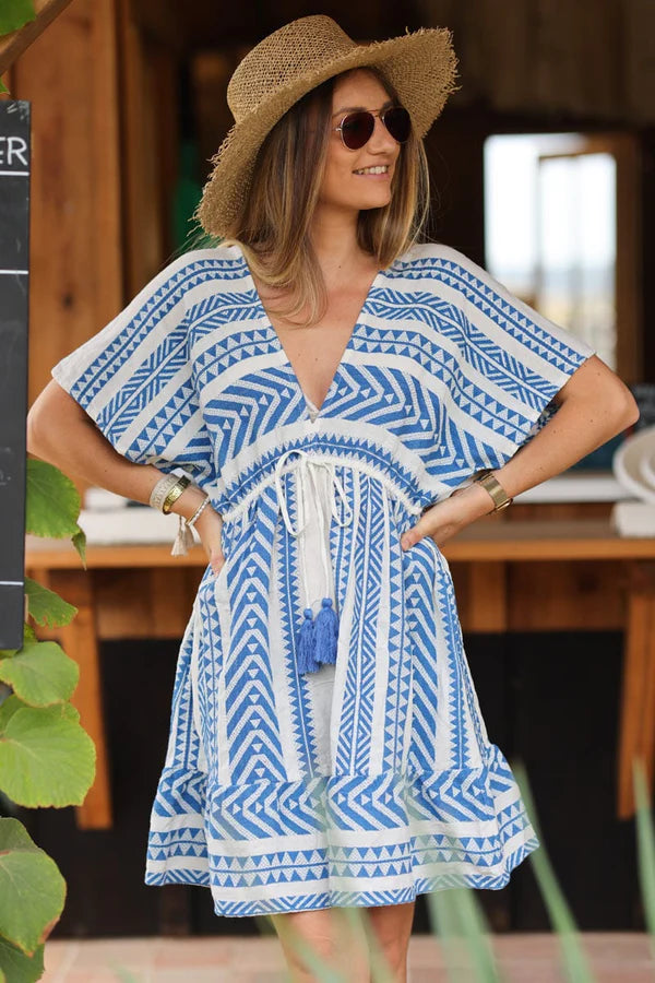 Royal blue and white backless short dress Aztec print