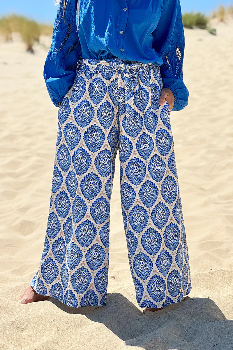Royal Blue Batik Medallions Belted Pull-On Pants
