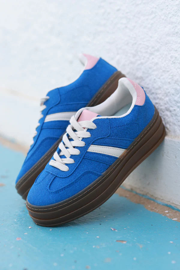 Royal Blue, Beige and Pink Sueded Striped Sport Sneakers