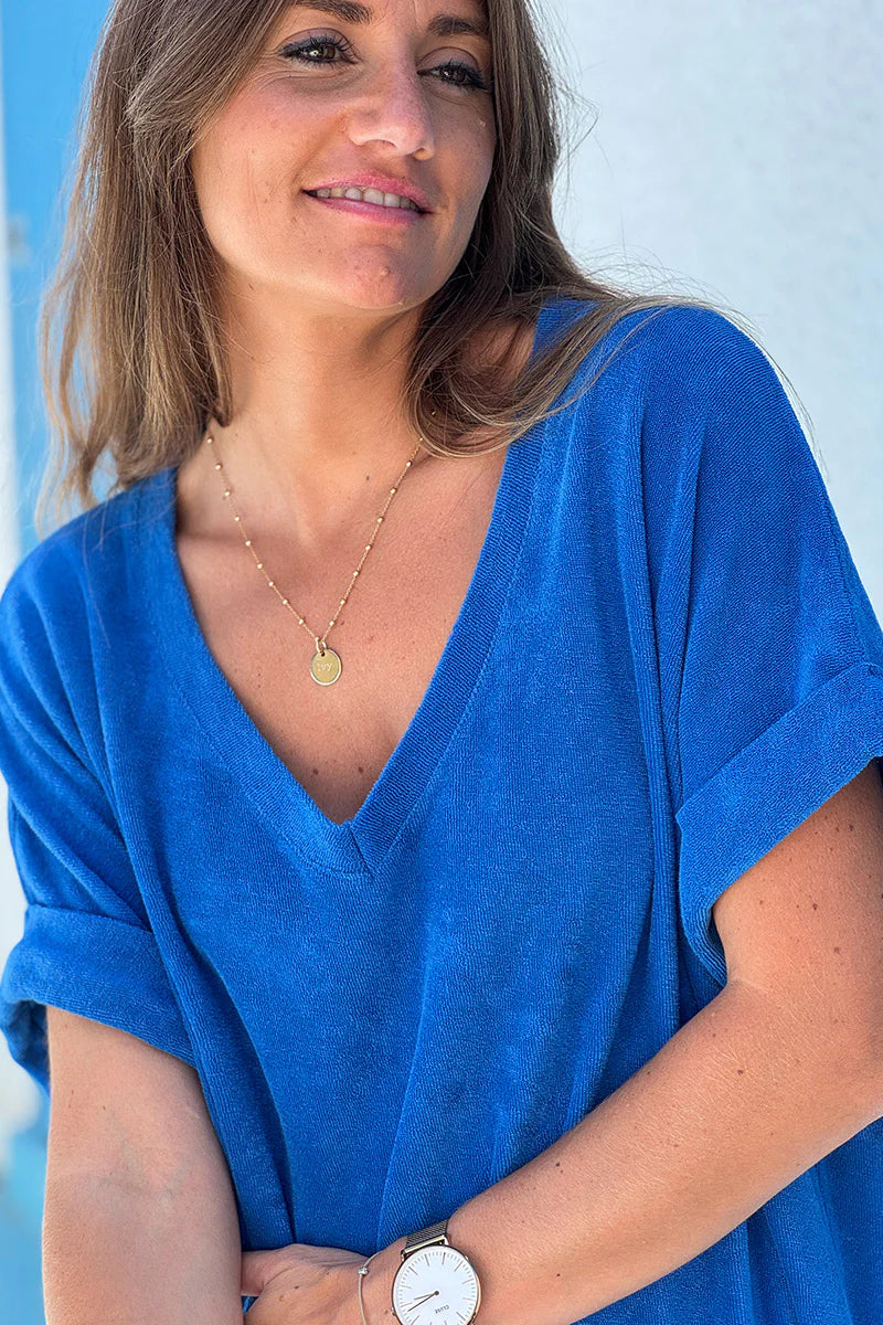 Royal Blue Brushed Terry V-Neck Maxi Dress