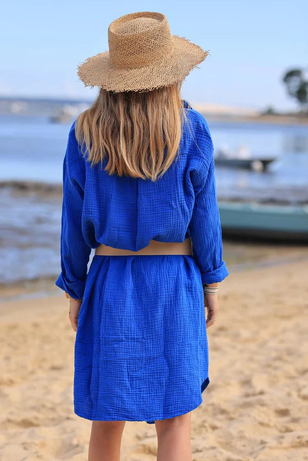 Royal blue crinkle cotton gauze dress with mother of pearl buttons