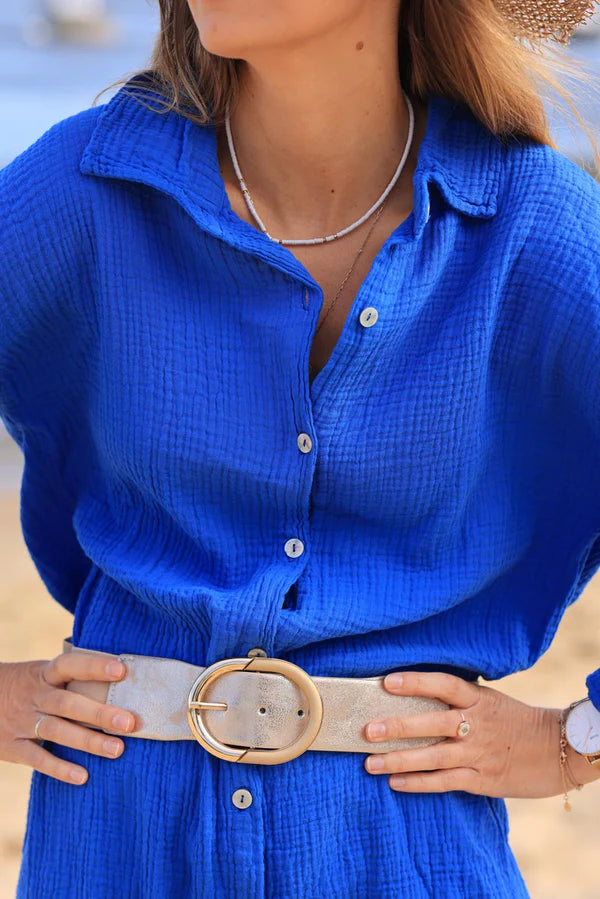 Royal blue crinkle cotton gauze dress with mother of pearl buttons