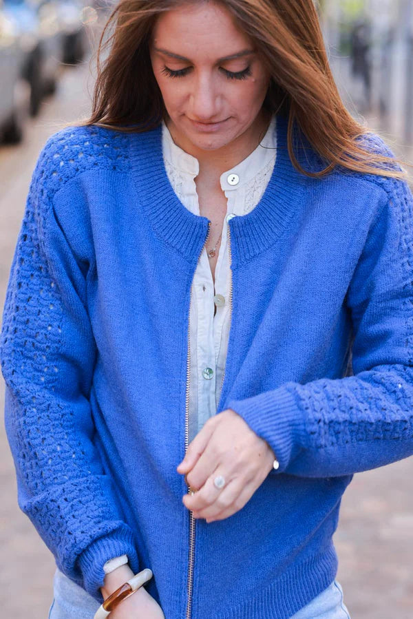 Royal blue Crochet Sleeve Zip-Front Cardigan