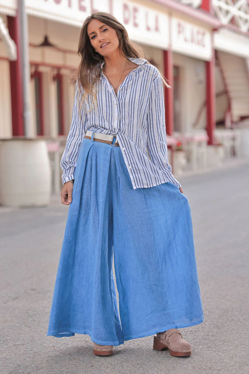 Royal Blue Gauze Belted Ultra Wide-Leg Pants