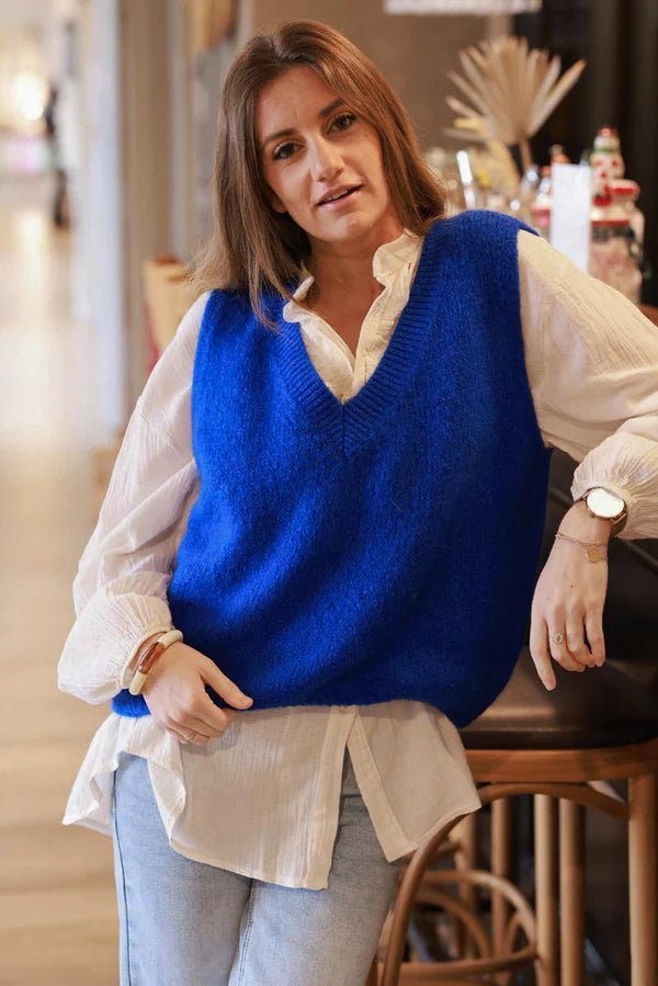 Royal Blue Kid Mohair Blend Sleeveless Sweater, ribbed v-neck