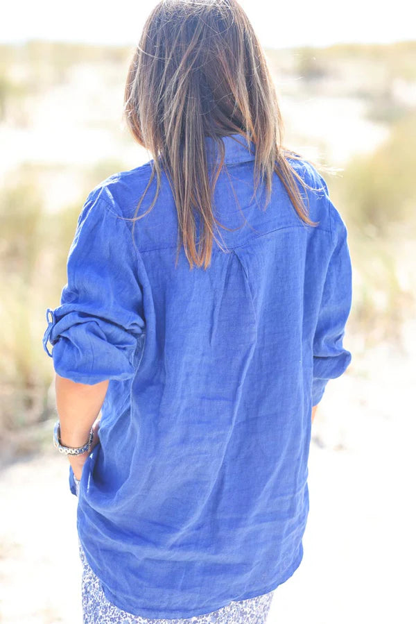 Royal blue linen shirt with mother of pearl buttons