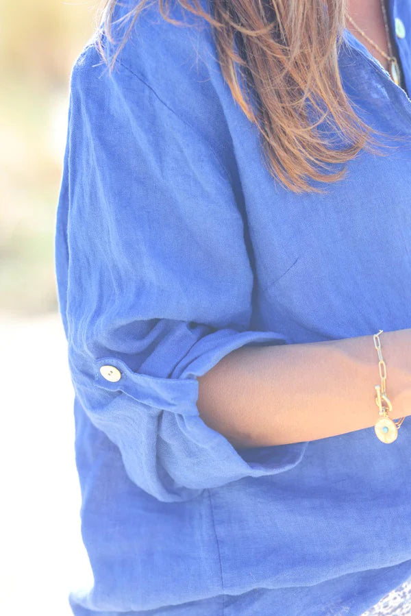 Royal blue linen shirt with mother of pearl buttons