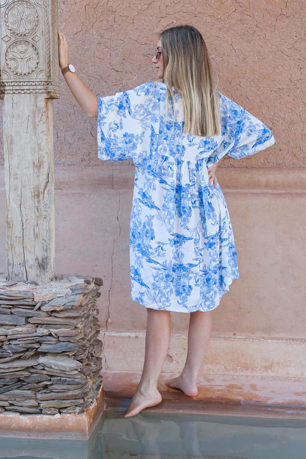 Royal blue short smock dress in toile de jouy print