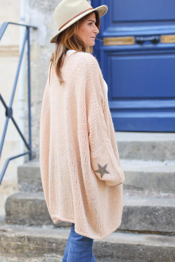Sand Medium-Long Chunky Knit Cardigan with Rhinestone Star detail