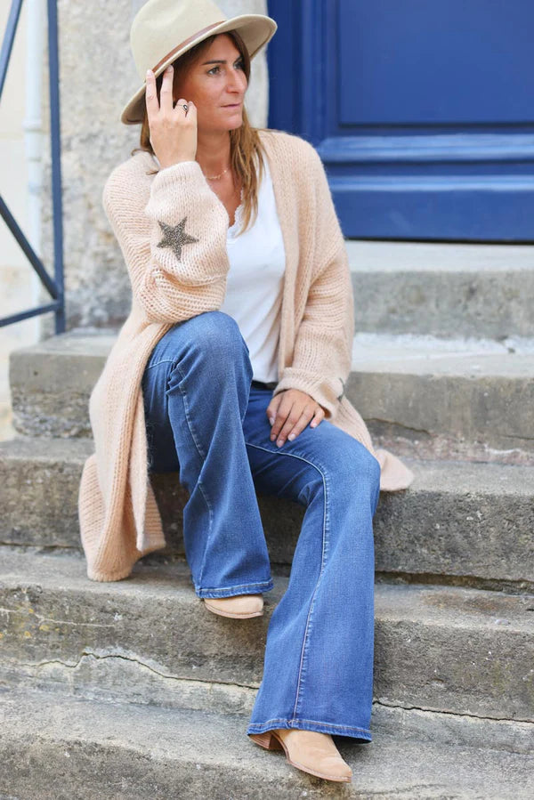 Sand Medium-Long Chunky Knit Cardigan with Rhinestone Star detail