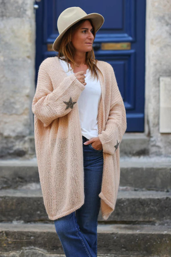 Sand Medium-Long Chunky Knit Cardigan with Rhinestone Star detail