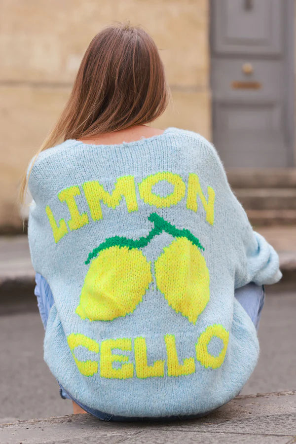 Light Blue Chunky Knit Cardigan with Lemon 'limoncello' back pattern