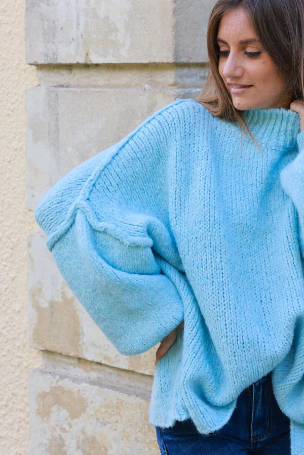 Sky Blue Chunky Knit Sweater Oversized and Funnel Neck