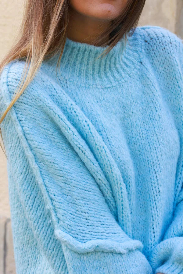 Sky Blue Chunky Knit Sweater Oversized and Funnel Neck