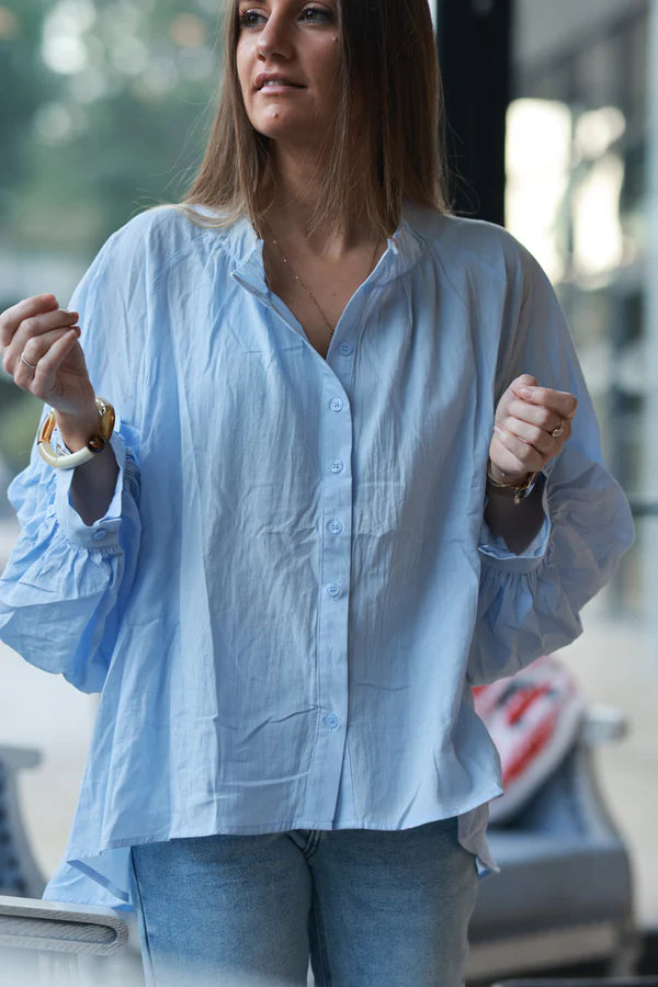 Sky blue Cotton Button-Down Peasant Blouse