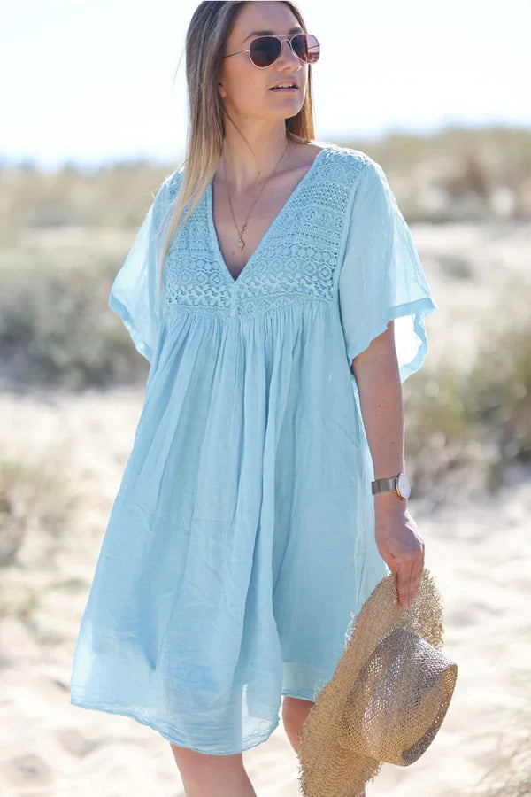 Sky blue floaty cotton dress with lace detail