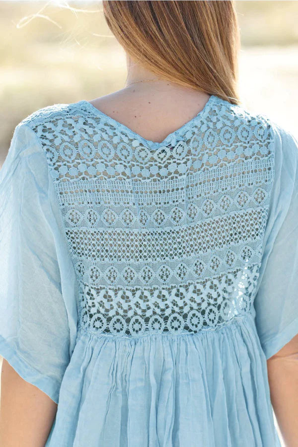 Sky blue floaty cotton dress with lace detail