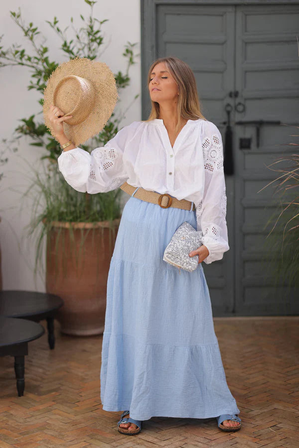 Sky blue crinkle cotton gauze tiered maxi skirt with raphia belt