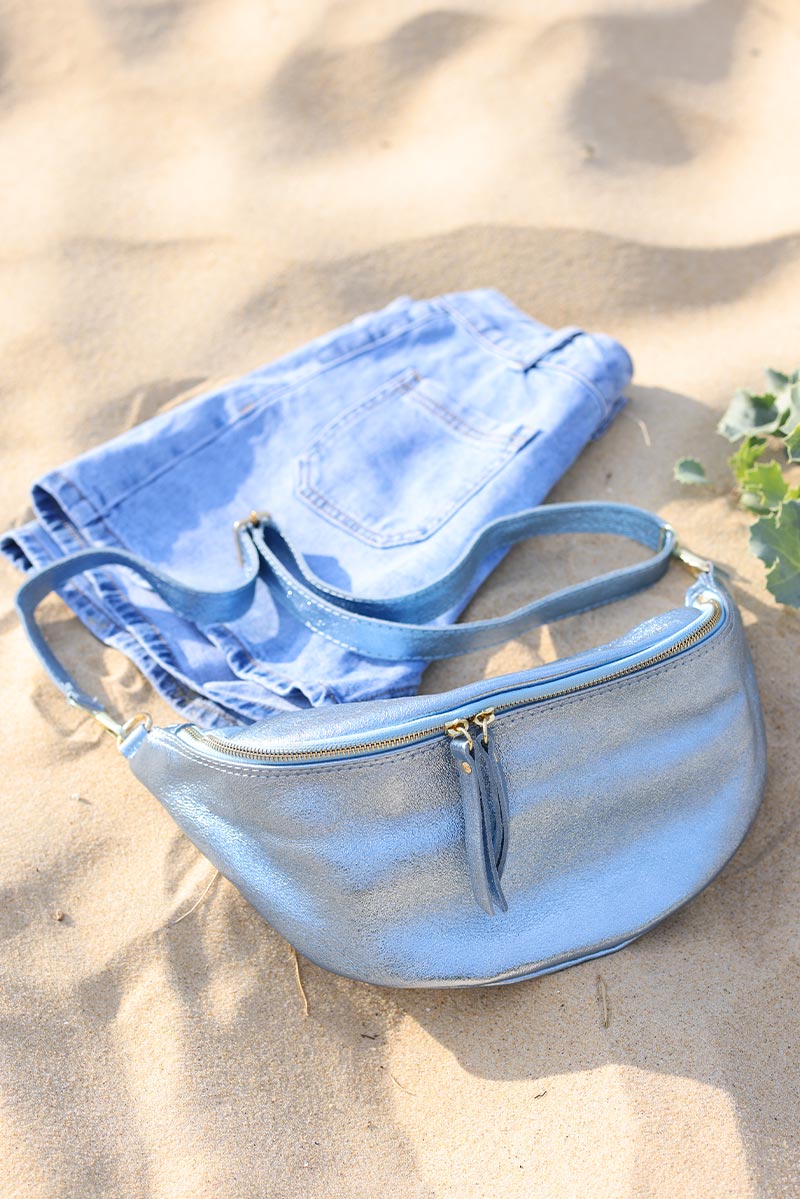 Sky blue metallic leather bum bag