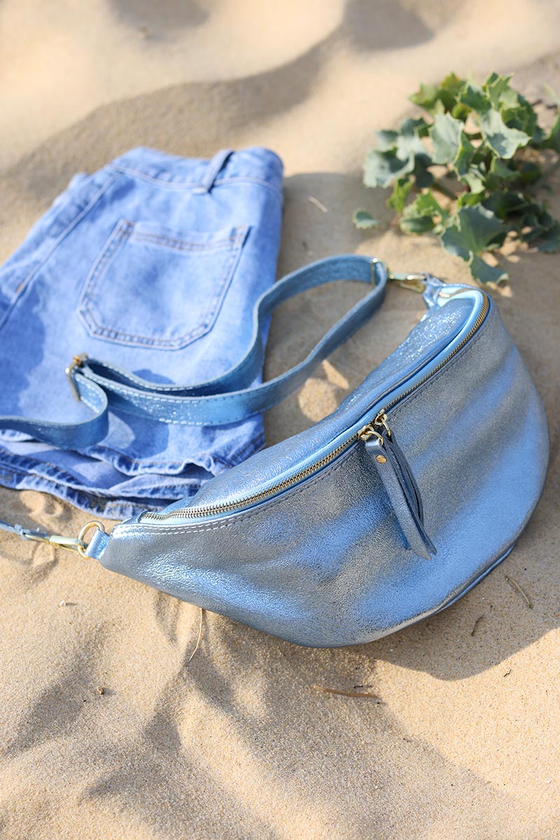 Sky blue metallic leather bum bag