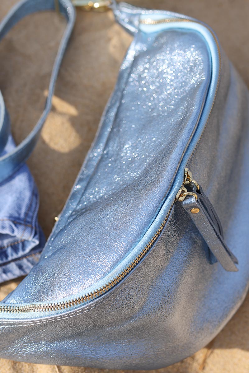 Sky blue metallic leather bum bag