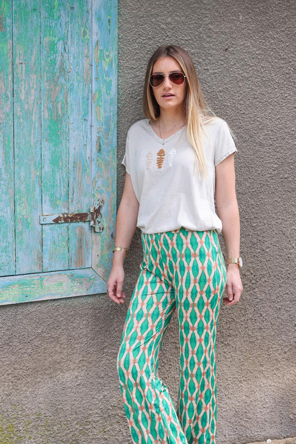 Stretch Flare Pants with Green Tie-dye Diamond Print