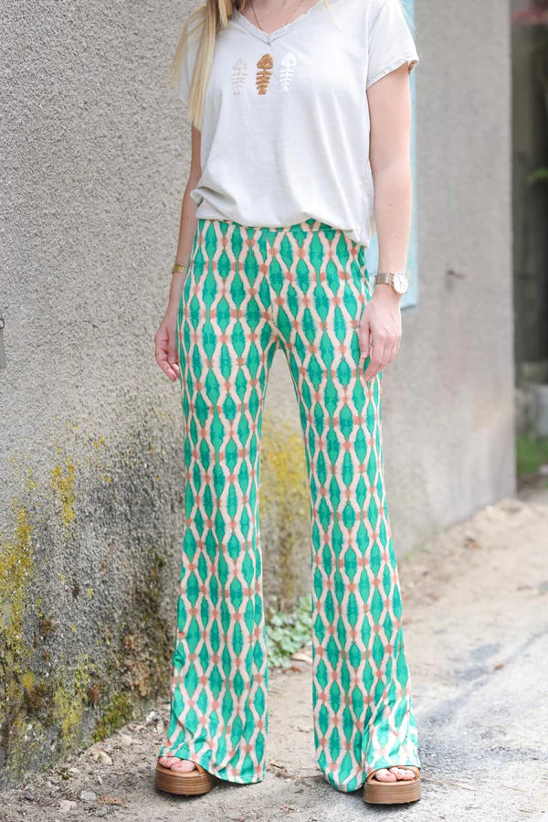 Stretch Flare Pants with Green Tie-dye Diamond Print