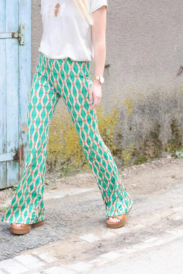 Stretch Flare Pants with Green Tie-dye Diamond Print