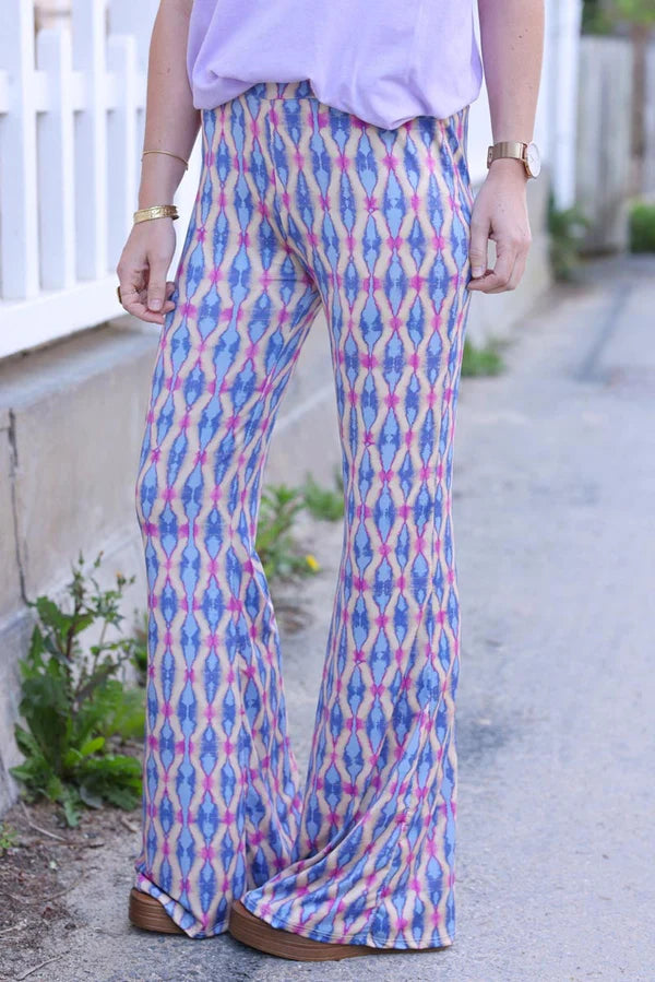 Stretch Flare Pants with Lilac Tie-dye Diamond Print