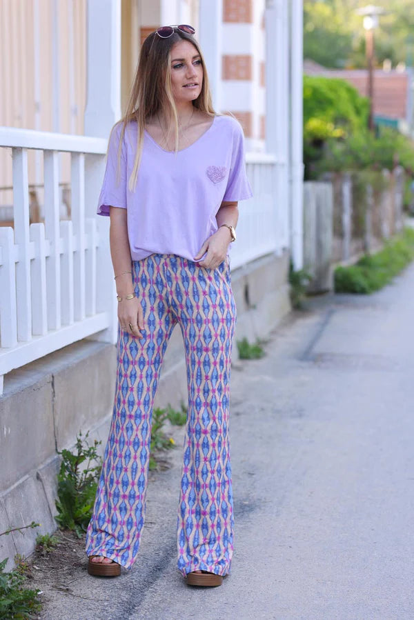 Stretch Flare Pants with Lilac Tie-dye Diamond Print