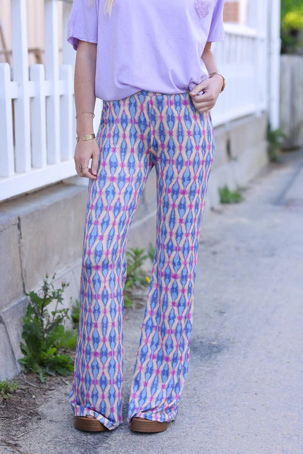 Stretch Flare Pants with Lilac Tie-dye Diamond Print