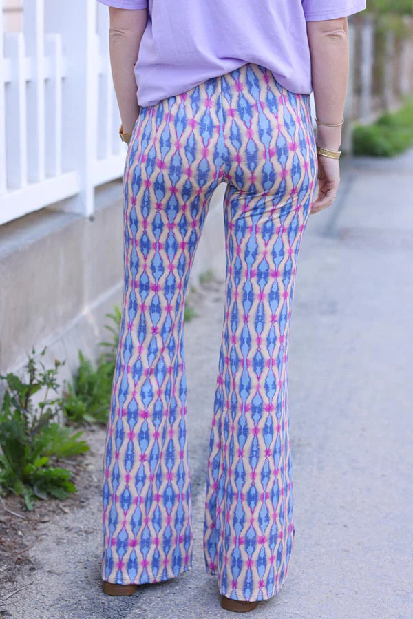 Stretch Flare Pants with Lilac Tie-dye Diamond Print