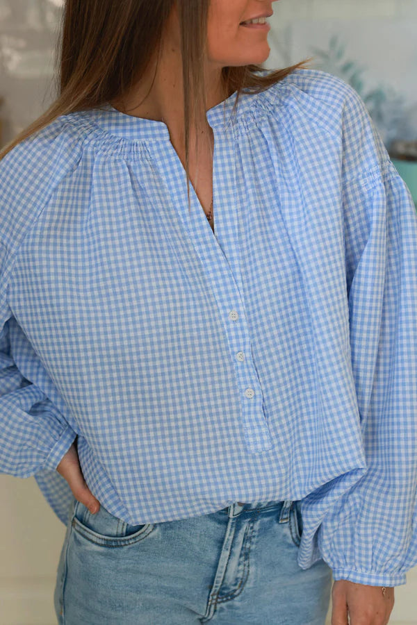 Baby blue Gingham Cotton Button-Down Blouse