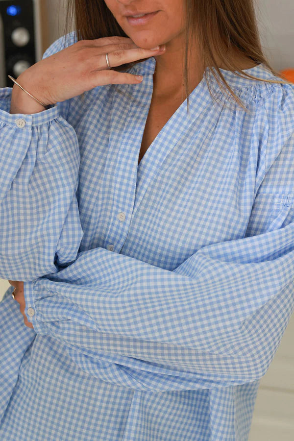 Baby blue Gingham Cotton Button-Down Blouse