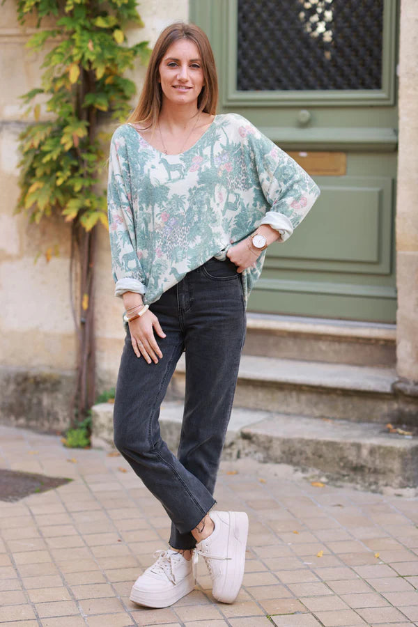 Soft Celadon green V-neck Sweater with Jungle-inspired Toile de Jouy print