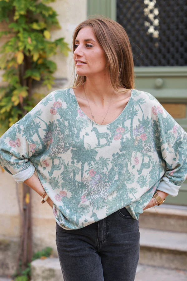 Soft Celadon green V-neck Sweater with Jungle-inspired Toile de Jouy print